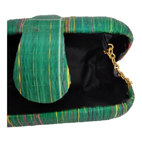 Green Raffia Shoulder Purse Gold Tone Chain Strap Striped With Snap Closure Bag - Picture 5 of 10